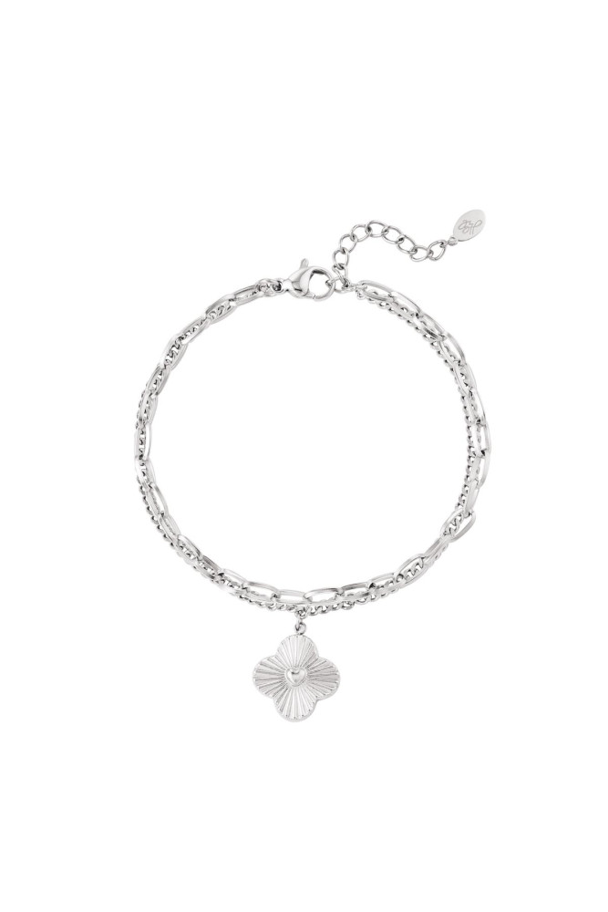 Tweelaagse armband met bloem - stainless steel - zilverkleurig